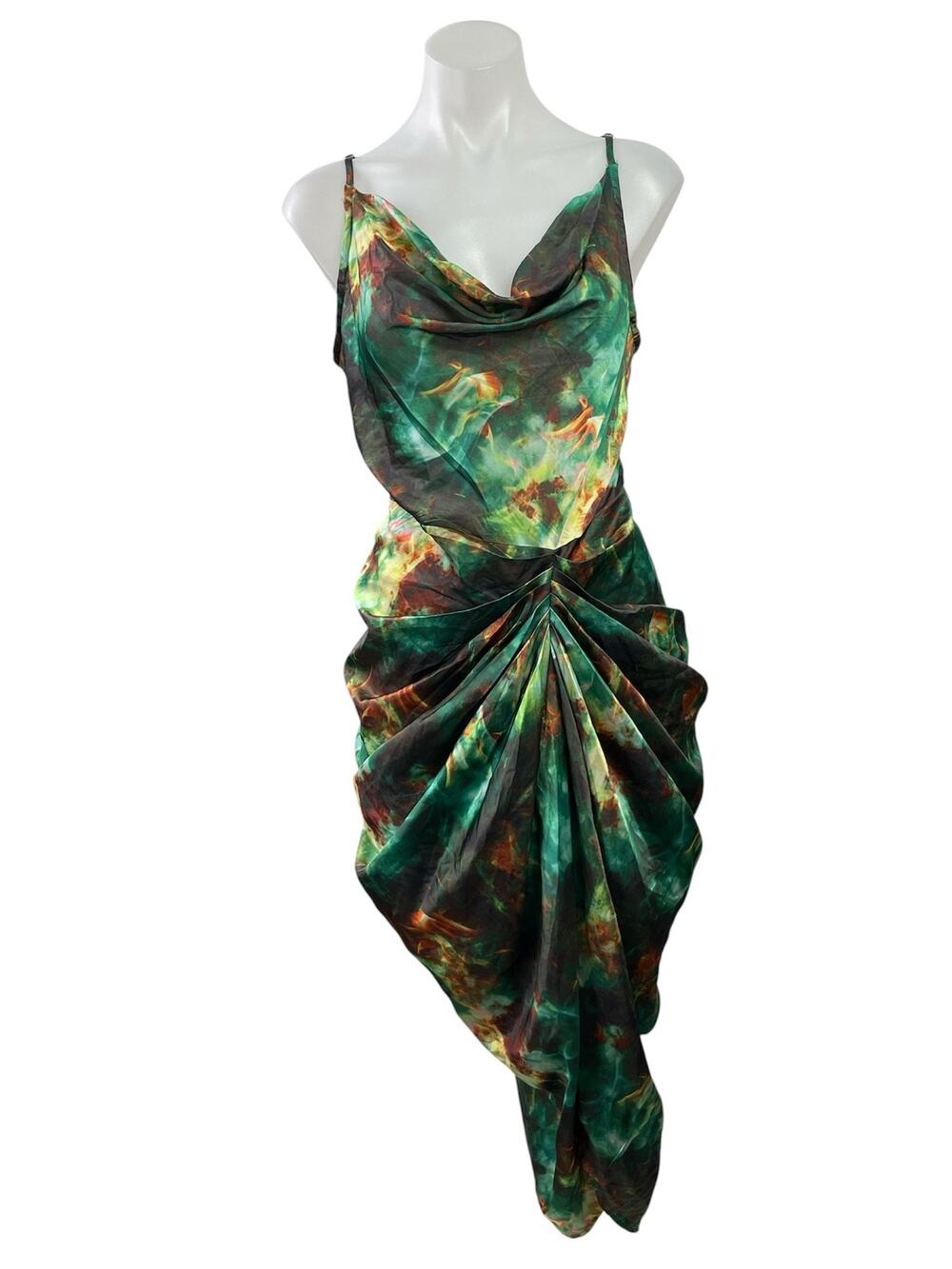 NEW PrettyLittleThing Green Satin Cowl Neck Gathered Sheath Midi Dress Size 8